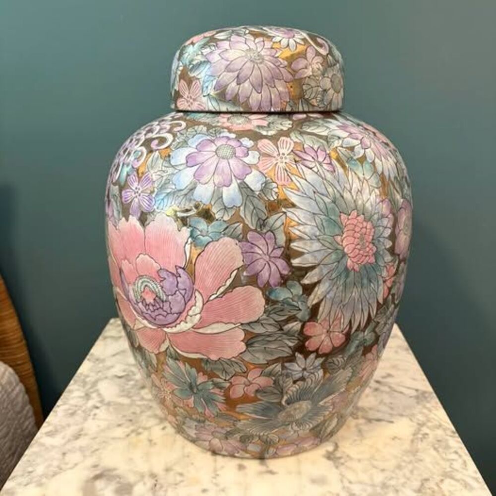 Large Floral & Gold Chinoiserie Ginger Jar with Lid